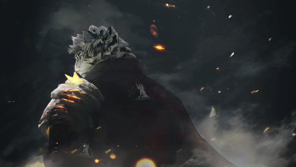 1boy aio_(aio769) animal_ears arknights black_cloud black_suit blue_eyes clouds embers fire formal from_behind furry looking_at_viewer looking_back male_focus mountain_(arknights) scar scar_across_eye short_hair solo tiger_boy tiger_ears white_fur white_hair