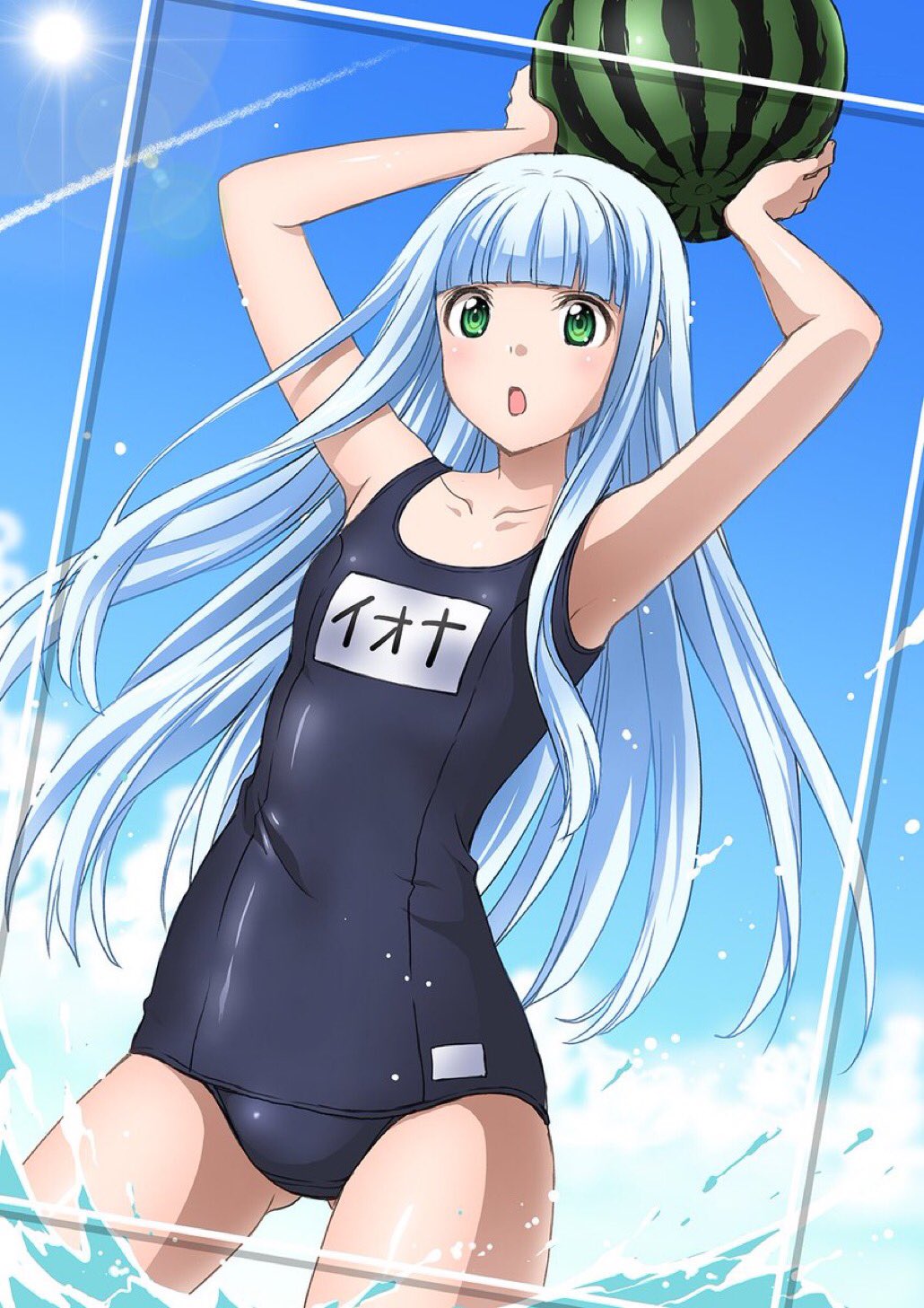 1girl aoki_hagane_no_arpeggio bangs blunt_bangs character_name competition_swimsuit food fruit green_eyes highres hime_cut holding iona itsuki_sayaka long_hair one-piece_swimsuit sidelocks silver_hair solo sun swimsuit water watermelon