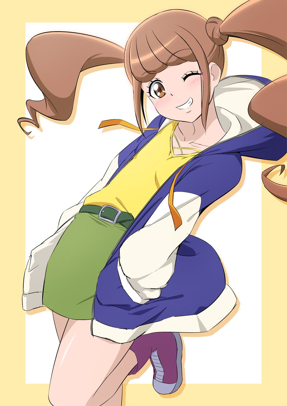 1girl bangs belt_buckle border brown_eyes brown_hair buckle collarbone eyebrows_visible_through_hair floating_hair fuchi_(nightmare) green_belt green_skirt grin hands_in_pocket healin'_good_precure highres hiramitsu_hinata hood hood_down hooded_jacket jacket long_hair looking_at_viewer miniskirt one_eye_closed open_clothes open_jacket outside_border pencil_skirt precure purple_footwear shadow shiny shiny_hair shiny_skin shirt sketch skirt smile solo standing standing_on_one_leg twintails very_long_hair white_background yellow_border yellow_shirt