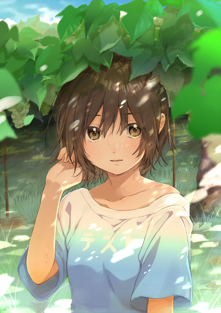 1girl brown_eyes brown_hair collarbone food fruit grape_vine grapes highres kawai_makoto off-shoulder_shirt off_shoulder original outdoors shirt short_hair solo sweat upper_body