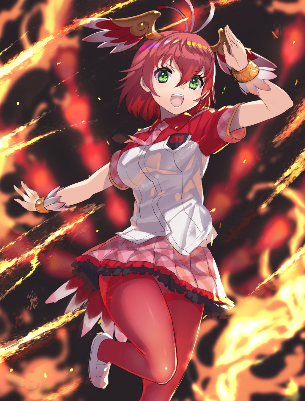 1girl :d antenna_hair bangs bird_tail breast_pocket breasts commentary_request fire frilled_skirt frills green_eyes hair_between_eyes head_wings highres japari_symbol kemono_friends looking_at_viewer medium_breasts necktie open_mouth pantyhose pocket red_legwear redhead shoes short_hair short_sleeves skirt smile solo suzaku_(kemono_friends) tadano_magu tail white_footwear
