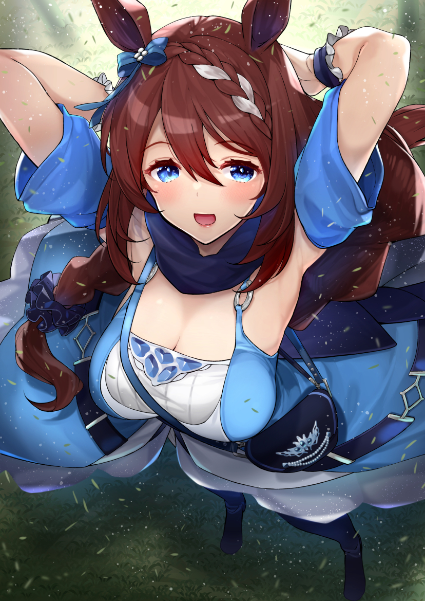 1girl amami_amayu animal_ears armpits arms_behind_head blue_eyes braid brown_hair commentary_request detached_sleeves ear_bow ear_ribbon from_above full_body grass horse_ears horse_girl horse_tail long_hair looking_at_viewer open_mouth outdoors red_lips single_braid solo standing super_creek_(umamusume) tail tareme umamusume very_long_hair wrist_cuffs