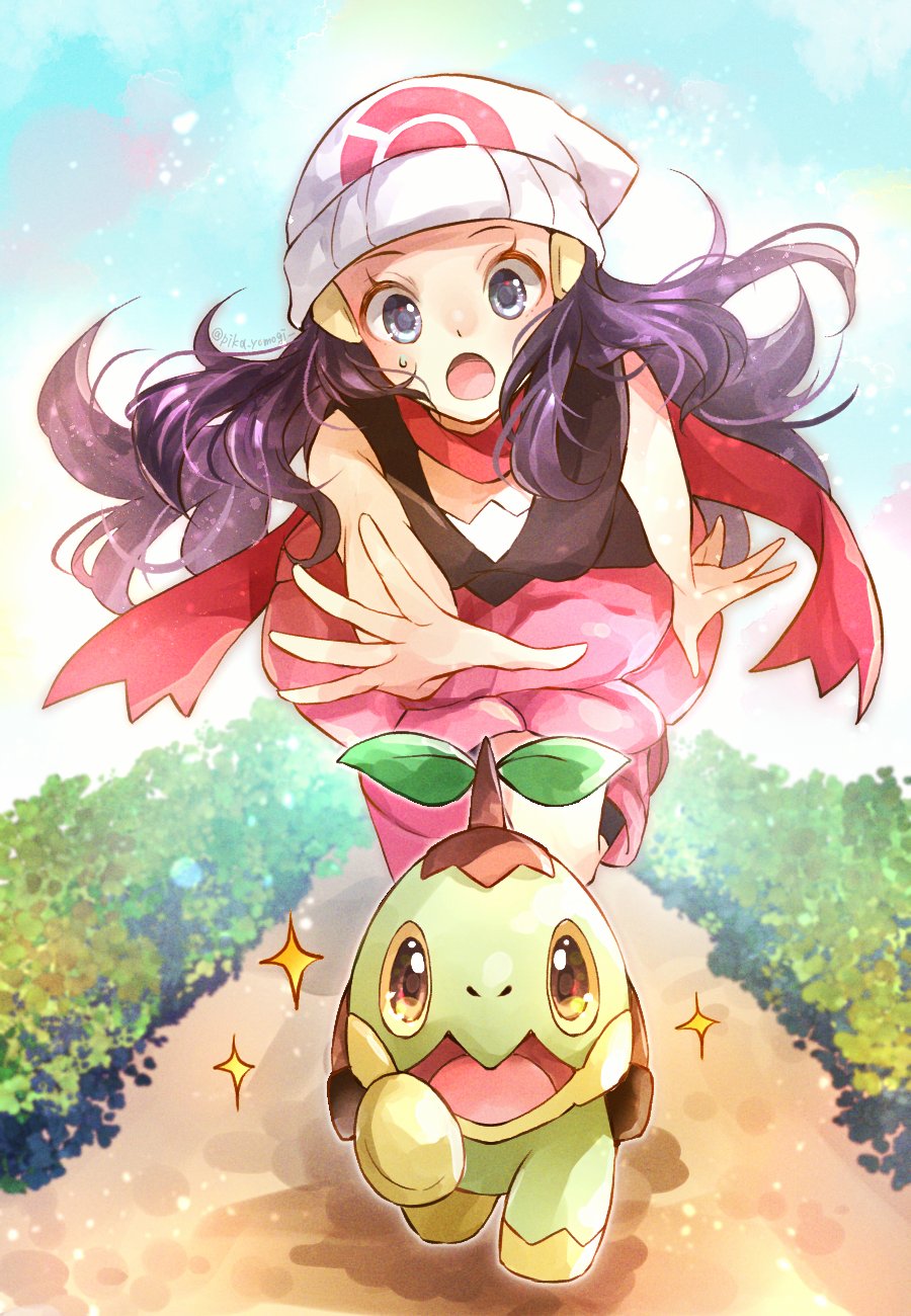 1girl bare_arms beanie black_legwear boots chasing commentary_request hikari_(pokemon) day eyelashes floating_hair gen_4_pokemon grey_eyes hair_ornament hairclip hat highres leg_up long_hair open_mouth outdoors outstretched_hand pink_footwear pink_skirt pokemon pokemon_(creature) pokemon_(game) pokemon_dppt red_scarf running scarf shirt skirt sleeveless sleeveless_shirt socks sparkle sweatdrop tongue turtwig white_headwear yomogi_(black-elf)