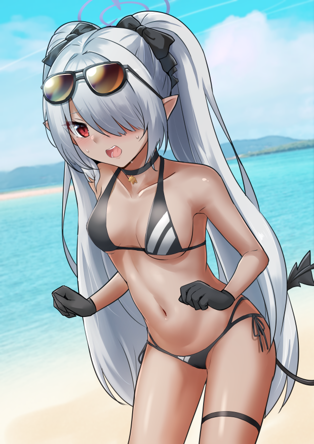 1girl bangs bare_shoulders bikini black-framed_eyewear black_bikini black_bow black_choker black_gloves blue_archive bow breasts brown-tinted_eyewear choker collarbone commentary_request dark-skinned_female dark_skin day demon_tail eyewear_on_head gloves grey_hair hair_bow hair_over_one_eye iori_(blue_archive) long_hair looking_at_viewer multi-strapped_bikini navel open_mouth outdoors pointy_ears red_eyes rumiya9i side-tie_bikini small_breasts solo sunglasses sweat swimsuit tail thigh_strap tinted_eyewear twintails very_long_hair water