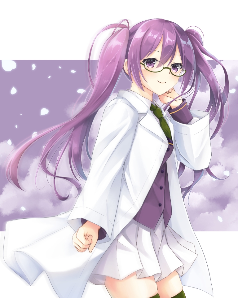 1girl arm_up bangs buttons closed_mouth commentary_request fate/grand_order fate_(series) glasses green-framed_eyewear green_legwear green_neckwear green_thighhighs green_tie hair_between_eyes hand_on_own_face iris_yayoi labcoat long_hair long_sleeves looking_at_viewer miniskirt necktie open_clothes purple_hair purple_shirt shirt sion_eltnam_sokaris skirt smile solo thigh-highs tie twintails type-moon violet_eyes white_miniskirt white_skirt