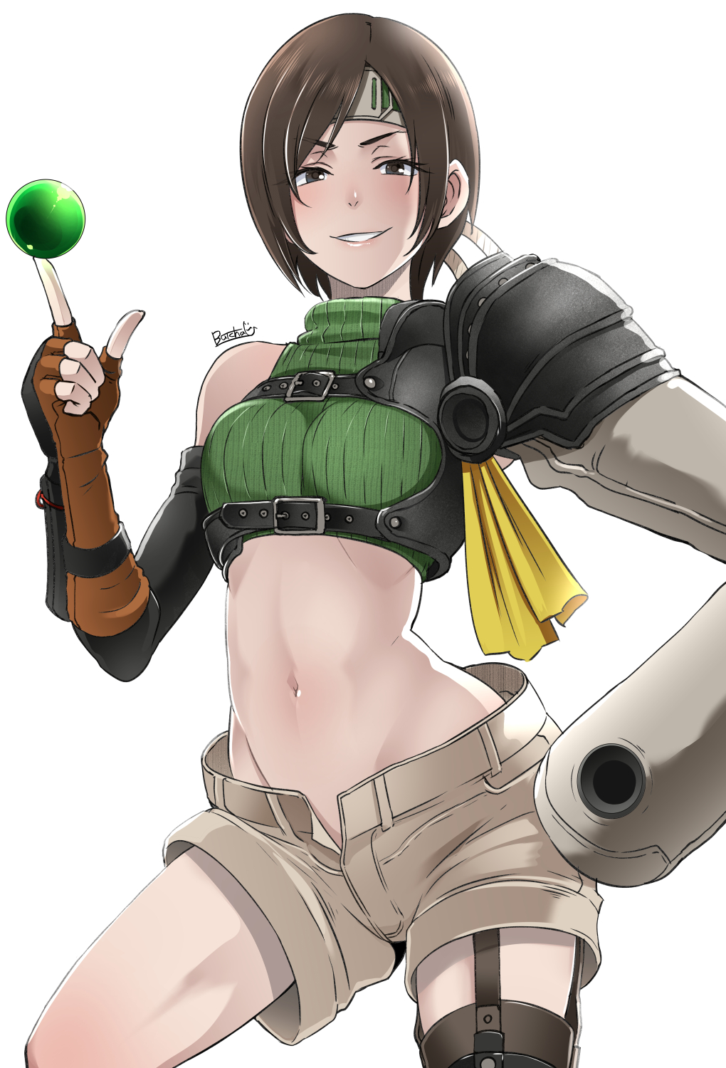 1girl armor asymmetrical_gloves black_hair breasts brown_eyes butcha-u commentary_request cowboy_shot crop_top elbow_gloves final_fantasy final_fantasy_vii fingerless_gloves gloves hand_on_hip headband highres holster index_finger_raised looking_at_viewer materia midriff navel ninja open_fly short_hair shorts shoulder_armor signature single_bare_shoulder single_elbow_glove small_breasts smirk solo teeth thigh_holster turtleneck v-shaped_eyebrows yuffie_kisaragi