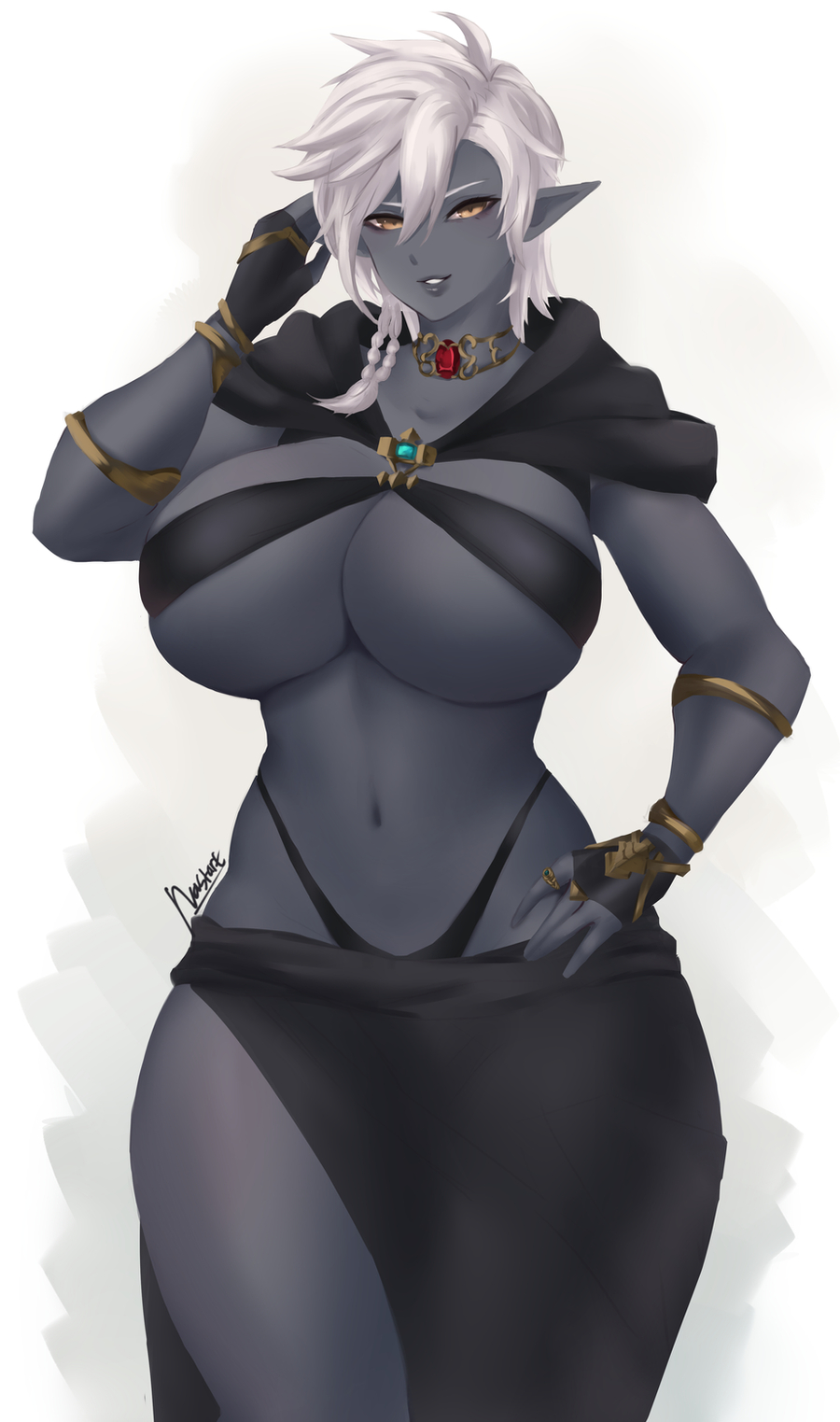 1girl breasts colored_skin commission dark_skin elezen elf final_fantasy final_fantasy_xiv grey_skin hand_on_hip highres huge_breasts jewelry lips looking_at_viewer nastart navel necklace parted_lips pointy_ears short_hair smile white_hair wide_hips yellow_eyes