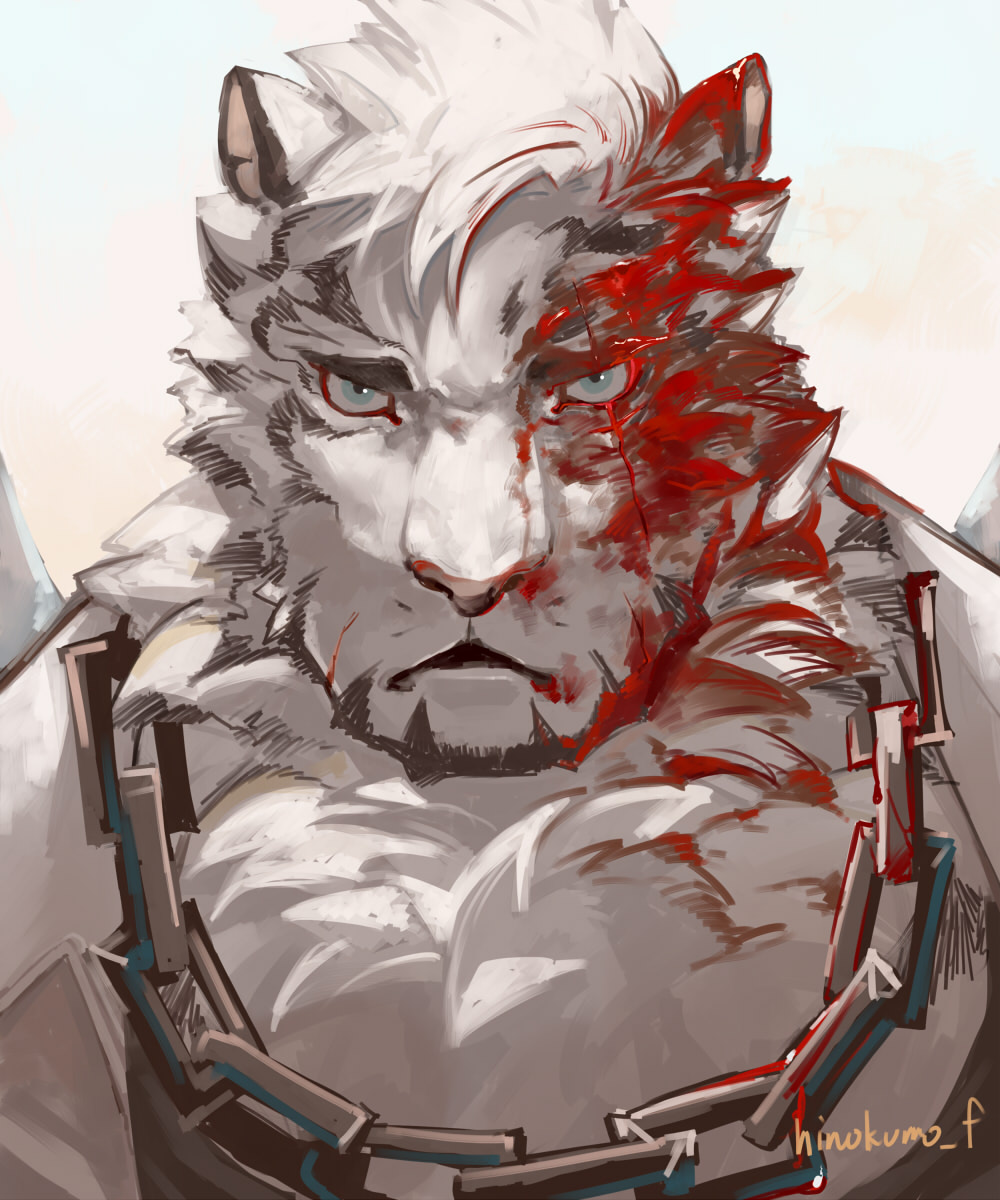 1boy animal_ears arknights black_tank_top blood blood_on_face chain_necklace face frown furry highres hinokumo_f looking_at_viewer male_focus mountain_(arknights) portrait scar scar_across_eye short_hair solo tank_top tiger_boy tiger_ears white_fur white_hair