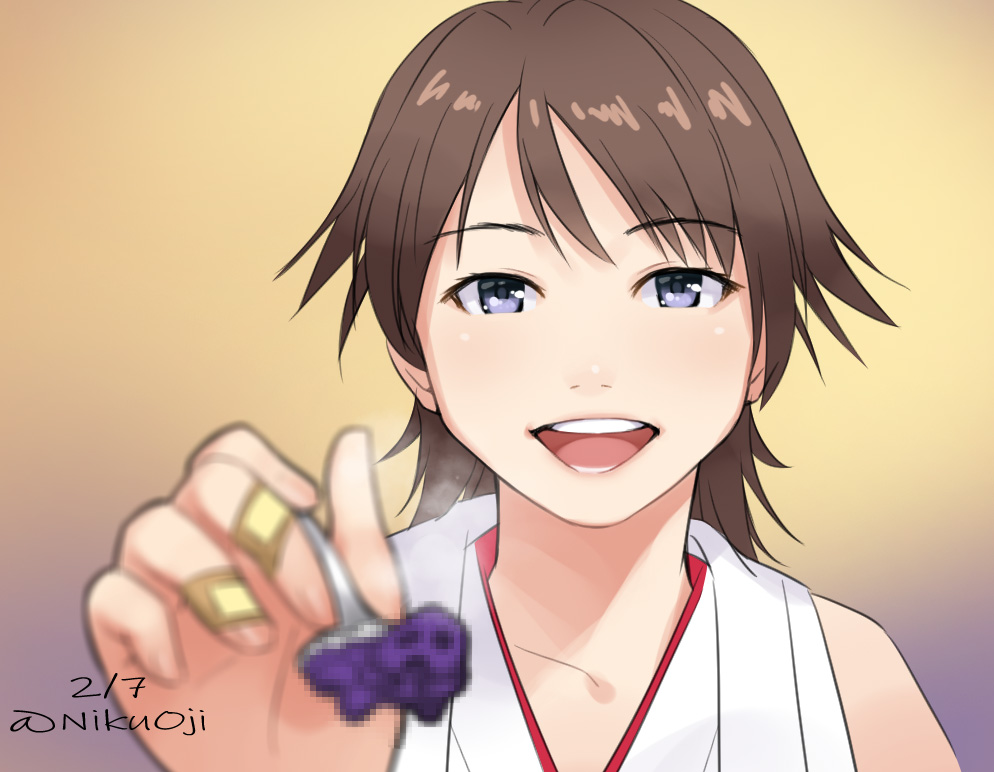 1girl bandaid bandaid_on_hand brown_hair censored dated gradient gradient_background hiei_(kancolle) japanese_clothes kantai_collection mosaic_censoring nikuoji open_mouth smile solo spoon steam twitter_username violet_eyes