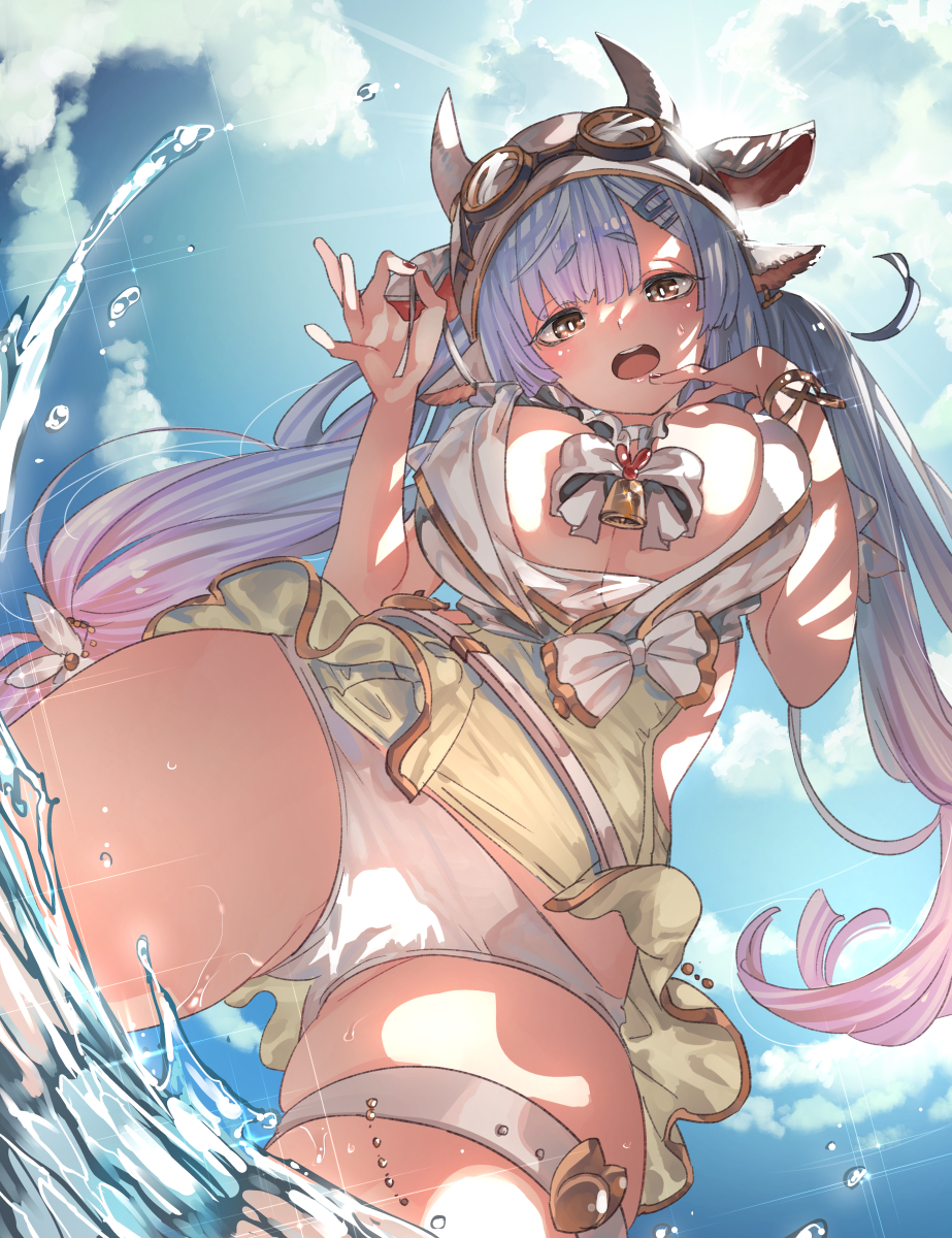 1girl animal_ears bikini bikini_bottom breasts brown_eyes cow_ears draph earrings eyebrows_visible_through_hair from_below goggles goggles_on_head gradient_hair granblue_fantasy hair_ornament hairclip hat highres horns jewelry kamizuki_shiki large_breasts light_blue_hair long_hair looking_at_viewer multicolored_hair open_mouth partially_submerged pink_hair pointy_ears shatola_(granblue_fantasy) solo swimsuit twintails water