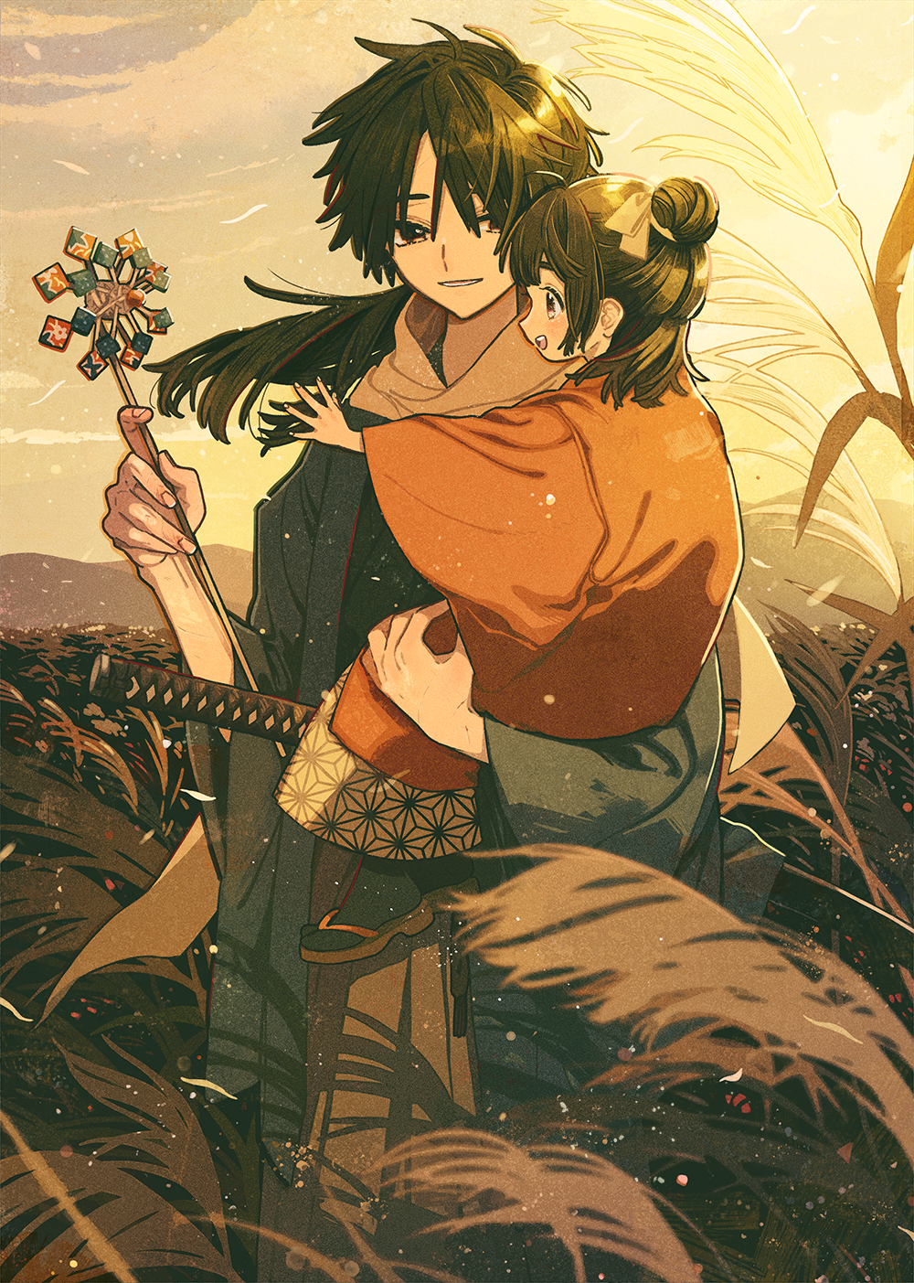 1boy 1girl age_difference asa_no_ha_(pattern) black_hair child clouds cloudy_sky grass highres holding_another keishin long_hair long_sleeves original outdoors parted_lips profile sky smile wide_sleeves