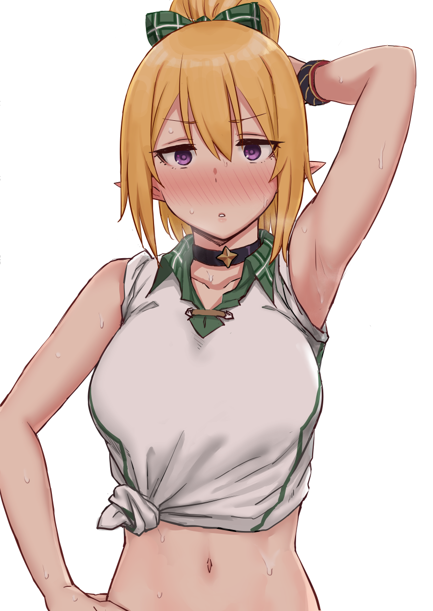 1girl arm_behind_head arm_up armpits bangs blonde_hair blush bow breasts chloe_(princess_connect!) choker collarbone gomu_(chewinggom) green_bow hair_between_eyes hair_bow highres large_breasts lf long_hair looking_at_viewer midriff navel pointy_ears ponytail princess_connect! shirt short_sleeves sidelocks sleeves_rolled_up solo sweat tied_shirt violet_eyes