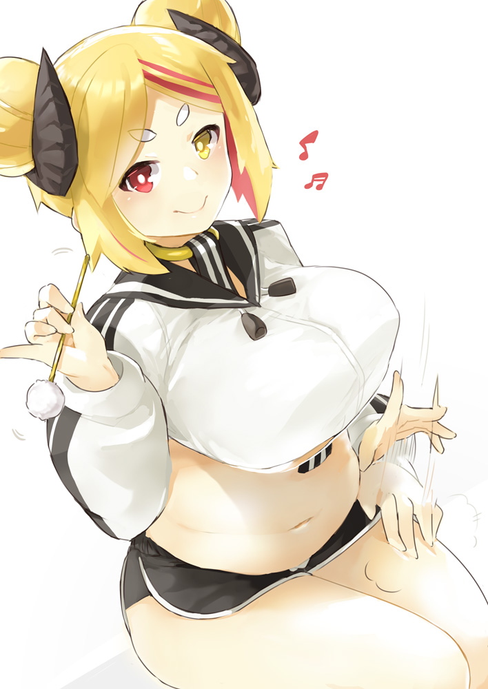 1girl bangs belly blonde_hair bright_pupils choker cropped_jacket double_bun hikimayu horns jacket lap_pillow_invitation medium_hair mimikaki multicolored_hair musical_note naik navel original parted_bangs patting_lap red_eyes short_shorts shorts smile solo streaked_hair thighs track_jacket yellow_eyes