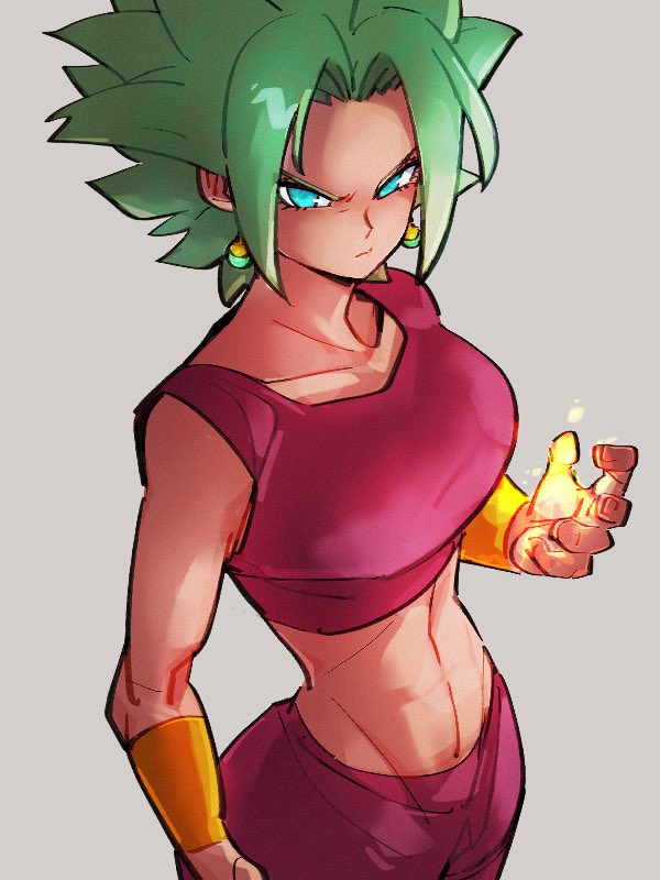 1girl abs aqua_eyes arm_at_side bangs bracelet breasts closed_mouth collarbone cowboy_shot crop_top dragon_ball dragon_ball_super earrings energy_ball eyelashes fingernails frown glowing green_hair grey_background groin hand_up jewelry kefla_(dragon_ball) kemachiku large_breasts leggings looking_at_viewer looking_up midriff navel pants pink_crop_top pink_legwear potara_earrings short_hair sidelighting simple_background solo spiky_hair super_saiyan tight tight_pants toned upper_body