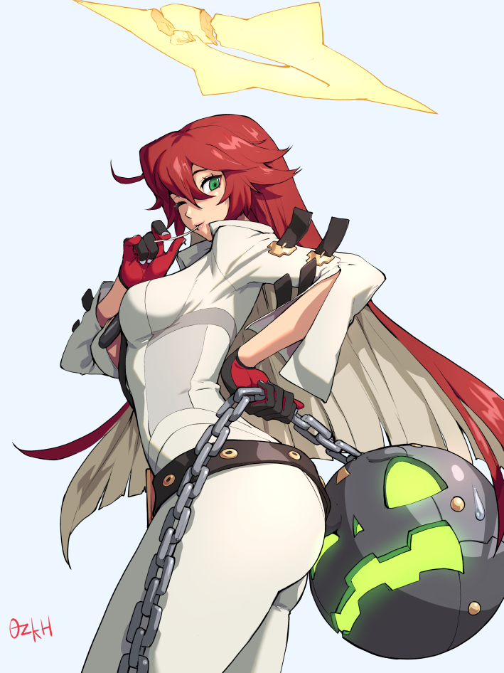 1girl ass bangs belt bodysuit breasts candy center_opening chain food gloves green_eyes guilty_gear guilty_gear_strive halo high_heels jack-o'_valentine lollipop long_hair looking_at_viewer medium_breasts multicolored_hair ozkh redhead smile solo two-tone_hair white_hair