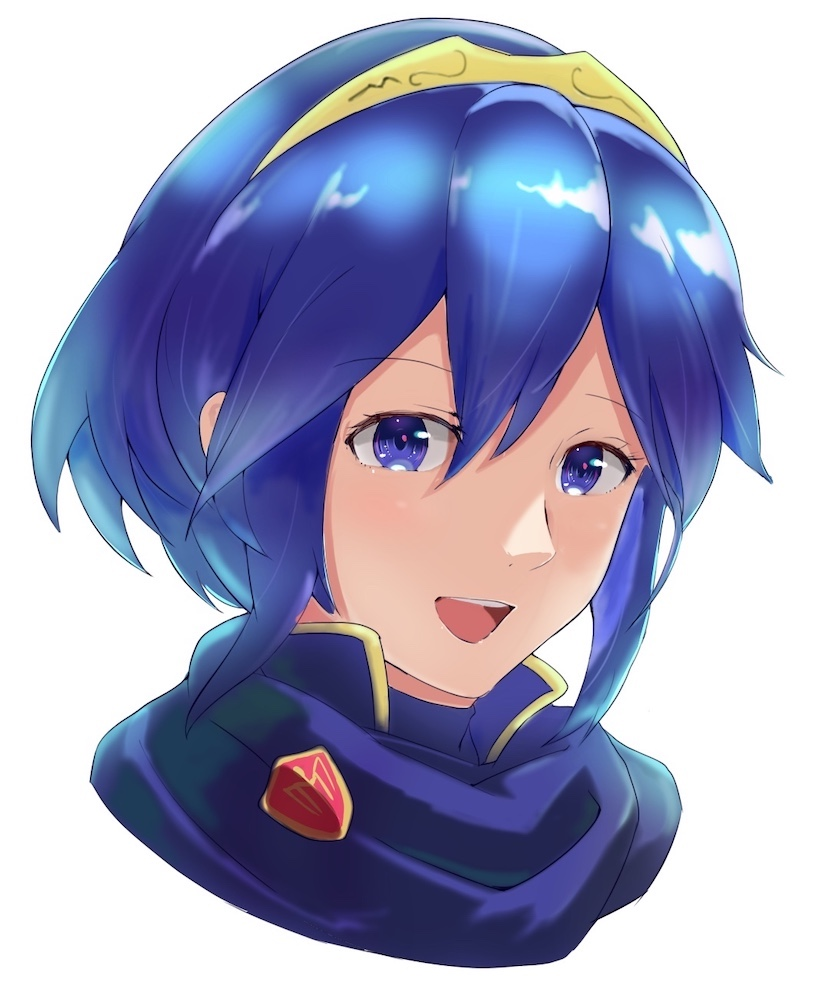 1girl :d bangs blue_eyes blue_hair cropped_shoulders emblem eyebrows_visible_through_hair fire_emblem fire_emblem_awakening hair_ornament head hirotaka_(hrtk990203) looking_at_viewer lucina_(fire_emblem) open_mouth shiny shiny_hair short_hair sidelocks smile tiara upper_teeth white_background