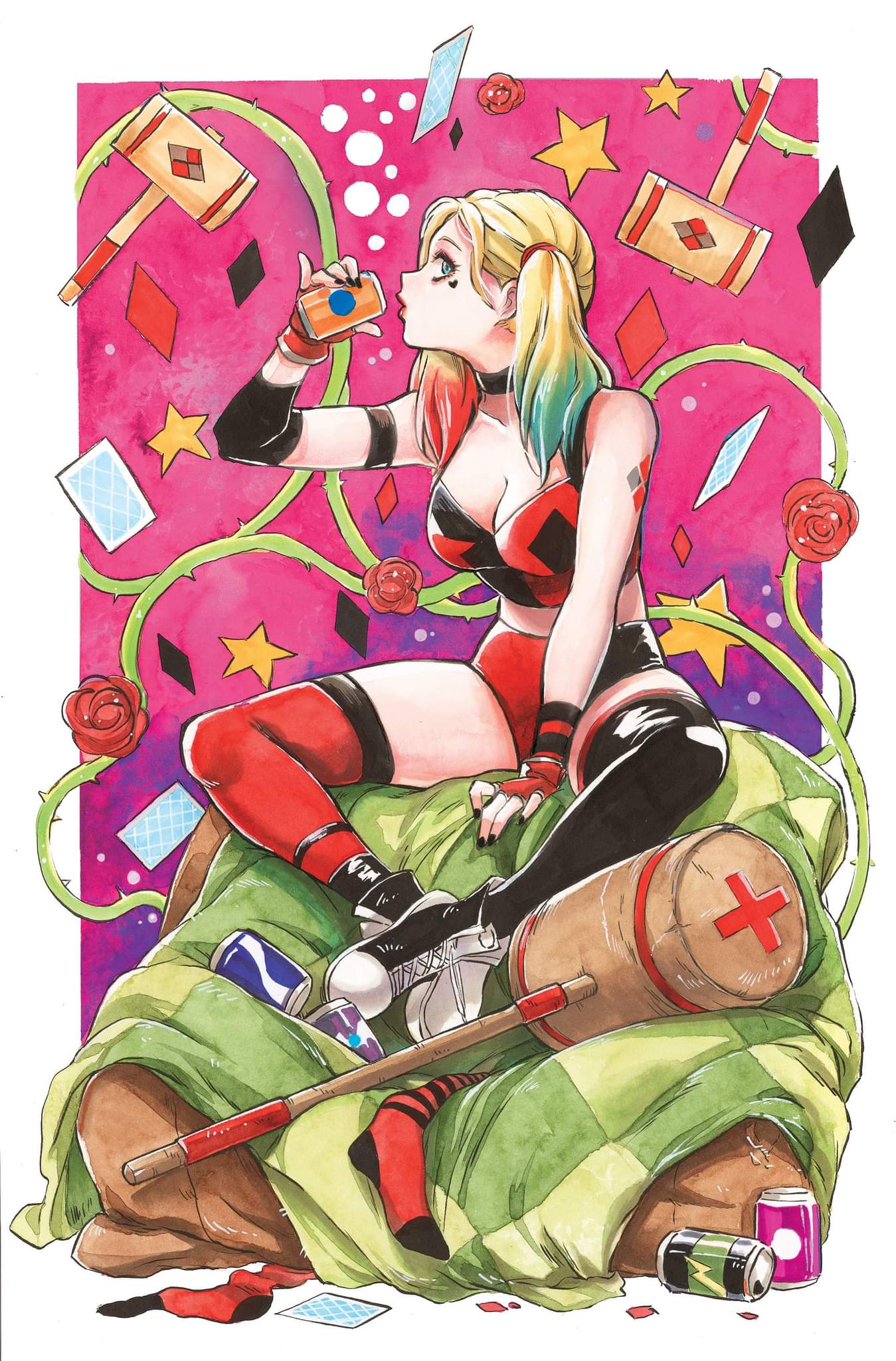 1girl blonde_hair blue_hair breasts dc_comics fingerless_gloves gloves gradient_hair green_eyes harley_quinn highres lipstick makeup mallet multicolored multicolored_clothes multicolored_hair multicolored_shorts plant playing_card_theme redhead sao_(saowee) shoes short_shorts shorts sneakers solo thigh-highs two_side_up vines