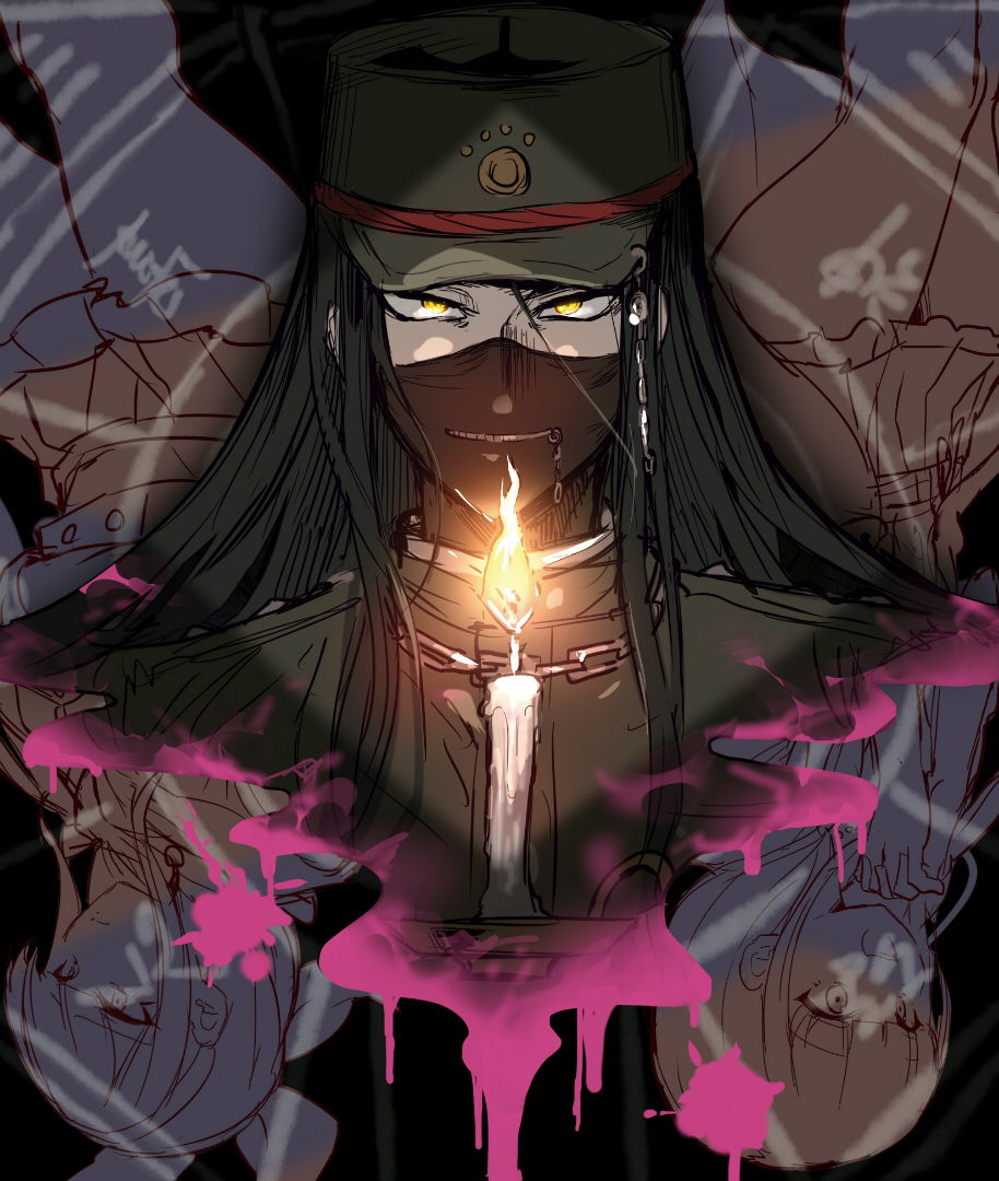 2girls bangs blood bow brown_hair candle chabashira_tenko chain commentary_request dangan_ronpa_(series) dangan_ronpa_v3:_killing_harmony eyebrows_visible_through_hair green_headwear green_jacket hat jacket layered_skirt long_hair long_sleeves looking_at_viewer mask miniskirt mouth_mask multiple_girls pink_blood shinguuji_korekiyo shirt skirt solo_focus suurin_(ksyaro) upper_body upside-down yellow_eyes yonaga_angie