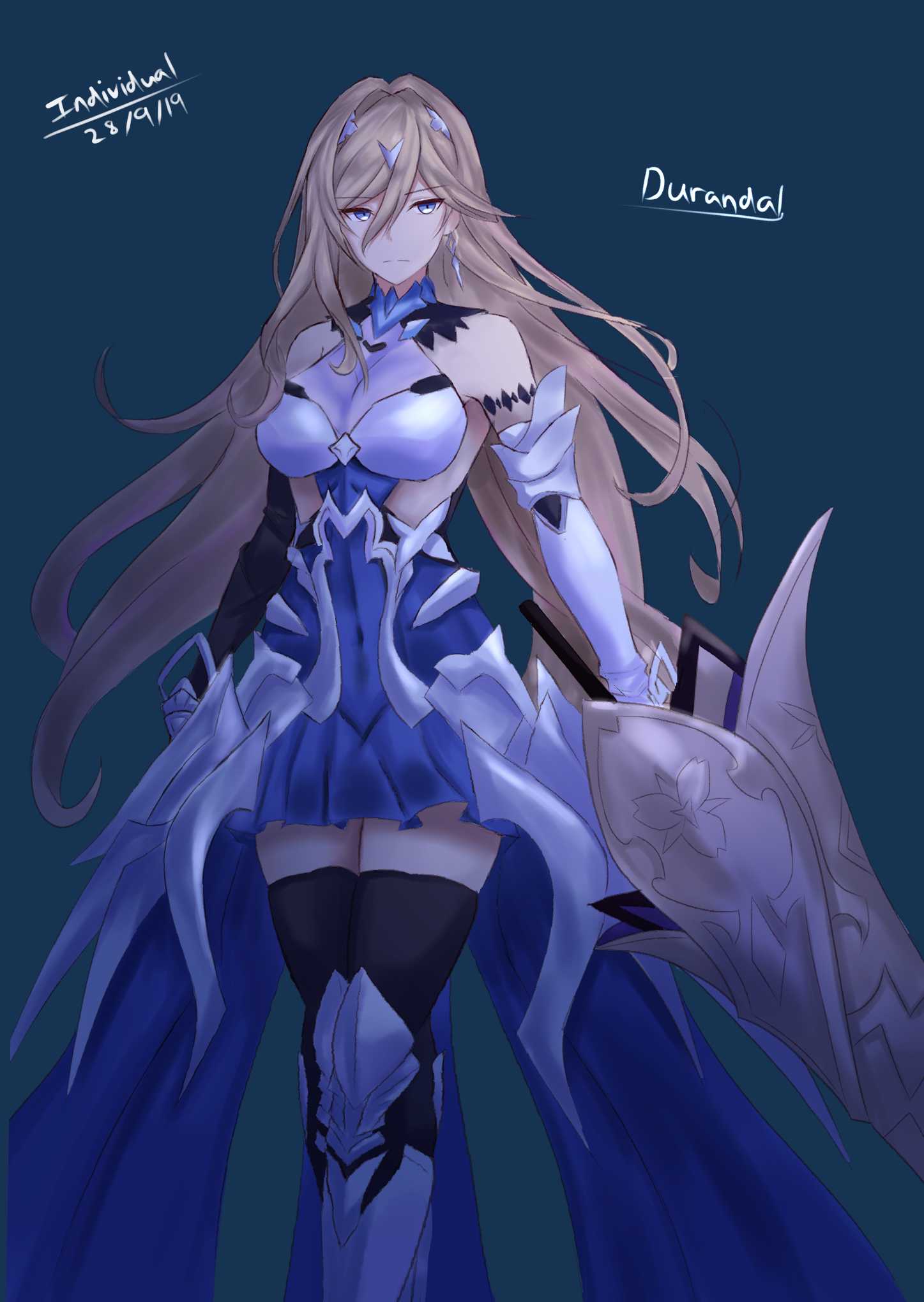 1girl armor artist_name artist_request asymmetrical_gloves bangs bare_shoulders bianka_durandal_ataegina bianka_durandal_ataegina_(bright_knight:_excelsis) black_gloves blonde_hair blue_background blue_eyes boots closed_mouth earrings gloves hair_between_eyes hair_ornament highres holding holding_lance holding_polearm holding_weapon honkai_(series) honkai_impact_3rd jewelry lance long_hair looking_at_viewer mismatched_gloves polearm single_earring solo thigh-highs thigh_boots weapon white_gloves