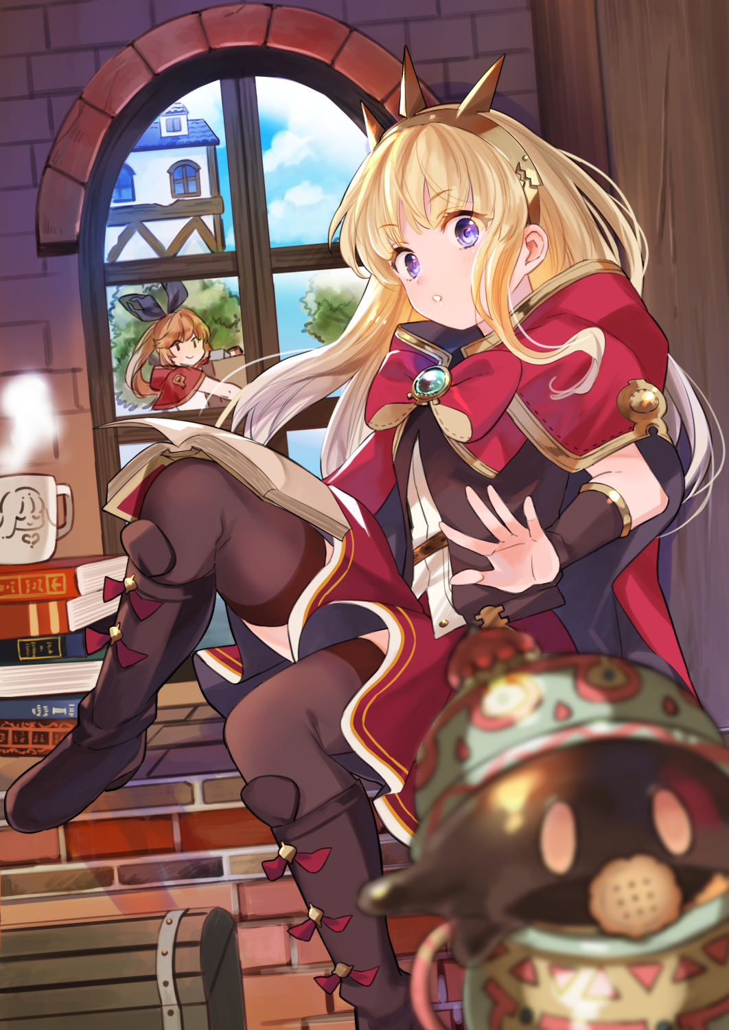 2girls black_footwear black_legwear blonde_hair book book_stack boots bracer cagliostro_(granblue_fantasy) cape clarisse_(granblue_fantasy) cloak cup granblue_fantasy hairband highres long_hair mug multiple_girls open_book sitting solo_focus spiked_hairband spikes thigh-highs tiara umou_(user_xxhp7583) violet_eyes window