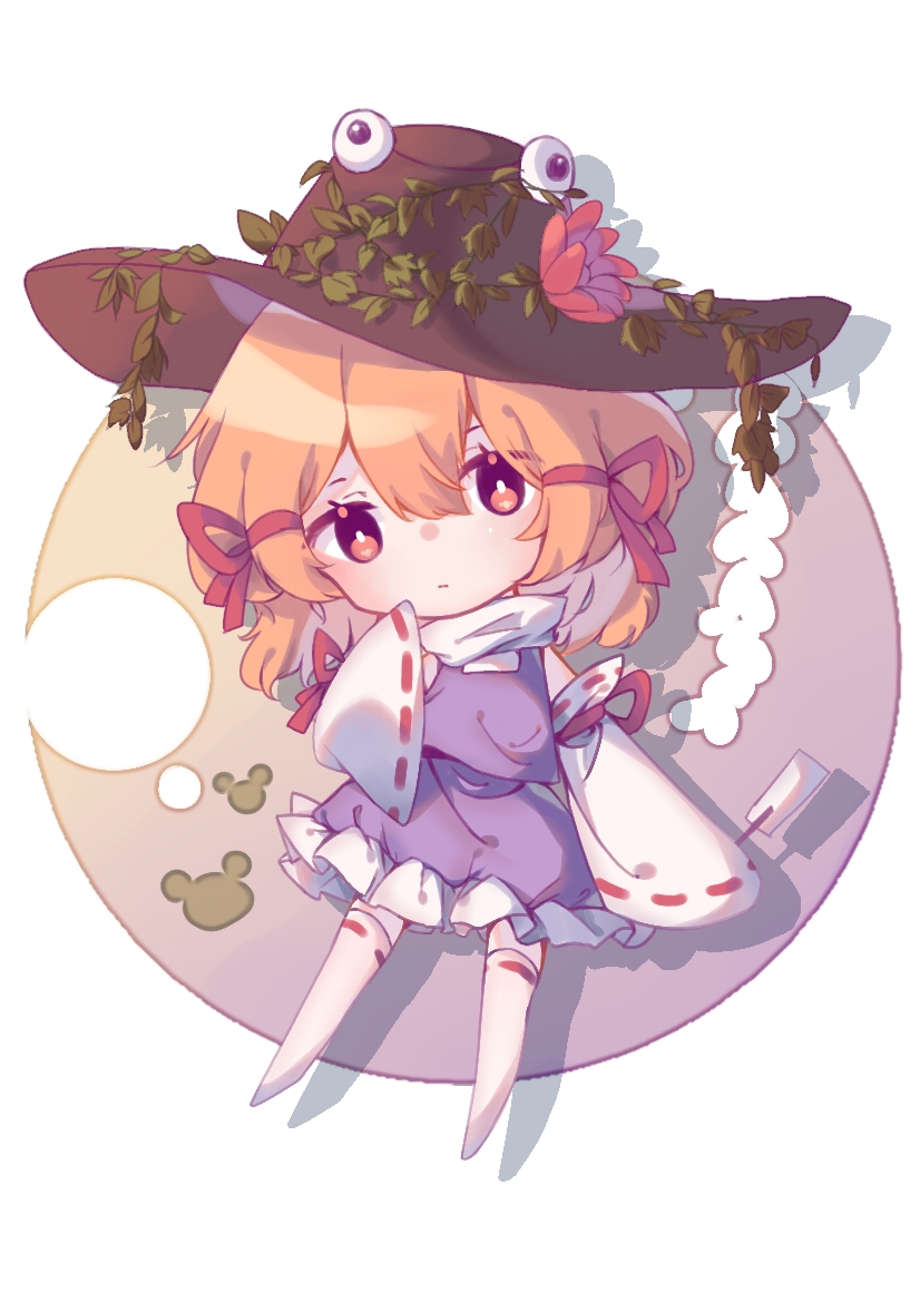 1girl bangs blonde_hair bow brown_headwear chibi closed_mouth dress eyebrows_visible_through_hair eyes_visible_through_hair flower frills gohei gradient gradient_background hair_between_eyes hand_up hat leaf long_sleeves looking_at_viewer moriya_suwako multicolored multicolored_background no_shoes pink_flower purple_background purple_dress red_bow shadow shirt short_hair solo thigh-highs touhou white_background white_legwear white_shirt wide_sleeves yellow_background yellow_eyes zhi_xixi