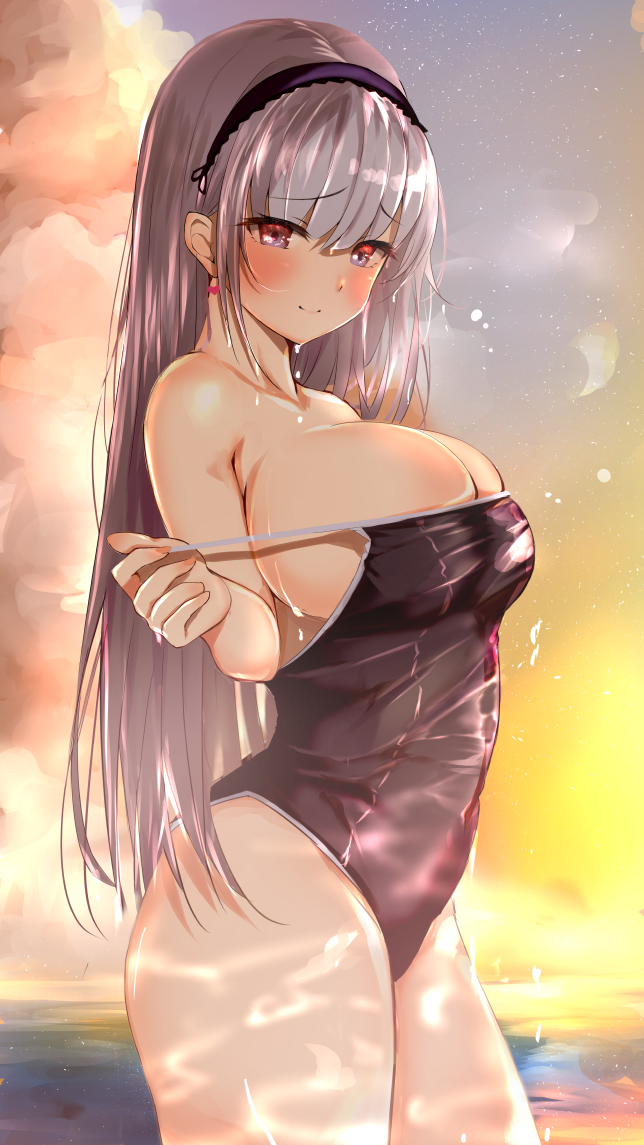 1girl azur_lane bare_shoulders black_swimsuit blush breasts closed_mouth clothes_pull clouds cloudy_sky collarbone dido_(azur_lane) earrings eyebrows_visible_through_hair feet_out_of_frame hairband heart heart_earrings huge_breasts jewelry long_hair looking_at_viewer nail_polish ocean_bottom purple_hair raru_(nanaharararu) school_swimsuit sideboob sky smile solo standing swimsuit swimsuit_pull violet_eyes wet wet_clothes wet_swimsuit