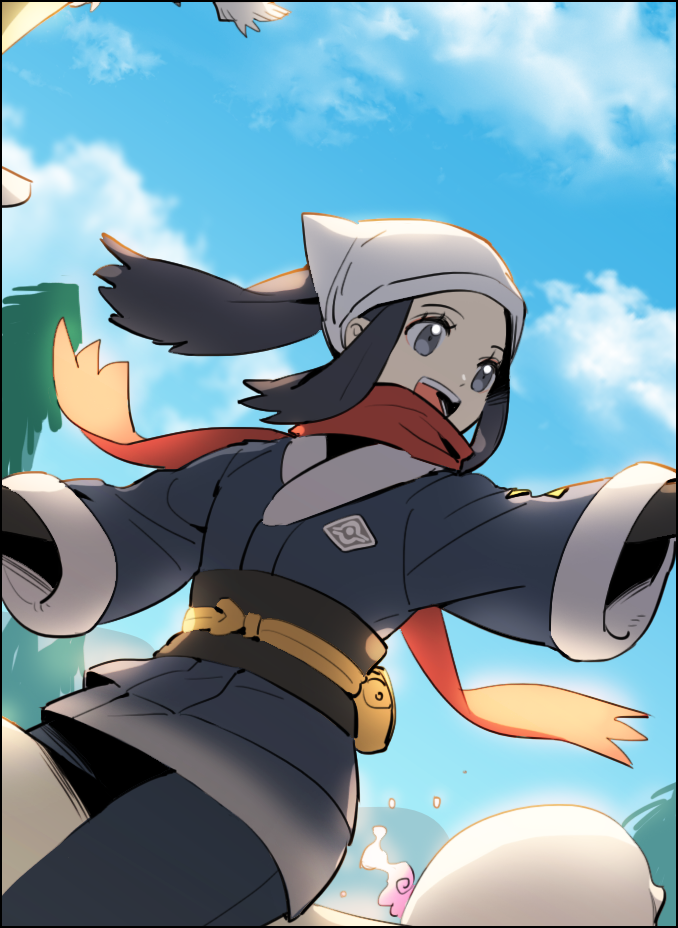 1girl :d akari_(pokemon_legends:_arceus) black_hair black_legwear black_undershirt clouds commentary_request day eyelashes floating_hair floating_scarf grey_eyes head_scarf jacket long_hair open_mouth outdoors outstretched_arm pantyhose pokemon pokemon_(creature) pokemon_(game) pokemon_legends:_arceus ponytail pouch raine_(acke2445) red_scarf riding riding_pokemon sash scarf sidelocks sky smile teeth tongue white_headwear wyrdeer