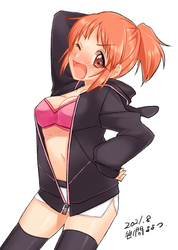 1girl abe_nana arm_behind_head arm_up artist_name black_jacket black_legwear blush breasts dated eyebrows_visible_through_hair high_ponytail idolmaster idolmaster_cinderella_girls jacket large_breasts looking_at_viewer microskirt navel one_eye_closed open_mouth orange_hair partially_unzipped red_eyes short_hair short_ponytail simple_background skirt smile solo thigh-highs white_background white_skirt yoyotu