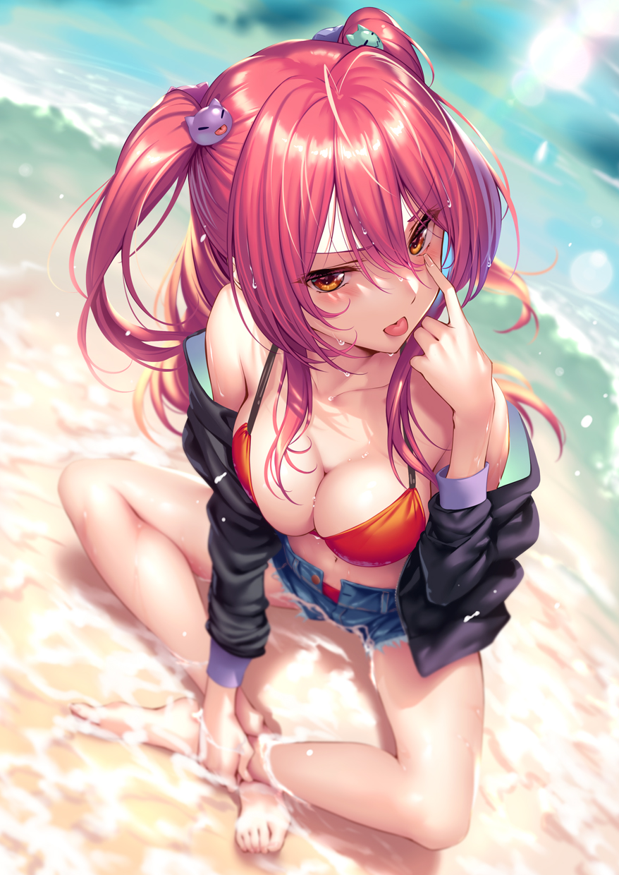 1girl :p bangs beach bikini bikini_under_clothes breasts crossed_legs denim denim_shorts finger_to_eye hair_ornament hairpin hanikami_kanojo highres hinoura_nanaka jacket jacket_partially_removed making_faces medium_breasts orange_eyes piromizu redhead short_shorts shorts sitting solo swimsuit tongue tongue_out twintails unzipped water wet