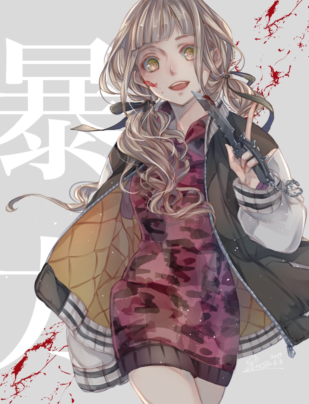 1girl :d bangs blonde_hair blood blood_on_face blood_on_weapon cartolaio grey_background hair_between_eyes hair_ribbon highres holding holding_knife hood hoodie jacket knife letterman_jacket long_hair long_sleeves looking_at_viewer open_mouth reality_arc_(sinoalice) red_hoodie red_riding_hood_(sinoalice) ribbon sinoalice smile solo teeth trench_knife twintails wavy_hair weapon yellow_eyes