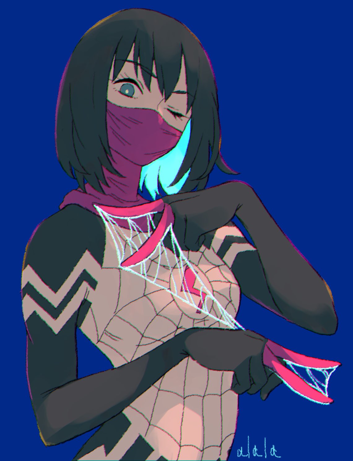 1girl black_bodysuit black_hair blue_background blue_eyes bodysuit eyebrows_visible_through_hair highres looking_at_viewer marvel mask mouth_mask multicolored multicolored_bodysuit multicolored_clothes one_eye_closed short_hair silk silk_(marvel) spider_web standing sushi_pizza_rrr upper_body white_bodysuit