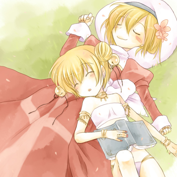 2girls ark_kan bandeau bangs bell bikini bikini_bottom blonde_hair blush book choker closed_eyes closed_mouth commentary_request dancer_(ragnarok_online) double_bun dress eyebrows_visible_through_hair feet_out_of_frame flat_chest flower hair_bell hair_flower hair_ornament head_on_another's_stomach high_priest_(ragnarok_online) holding holding_book jingle_bell juliet_sleeves long_sleeves multiple_girls open_mouth pink_flower puffy_sleeves purple_bikini ragnarok_online red_dress short_hair sleeping smile swimsuit two-tone_dress white_dress white_hair