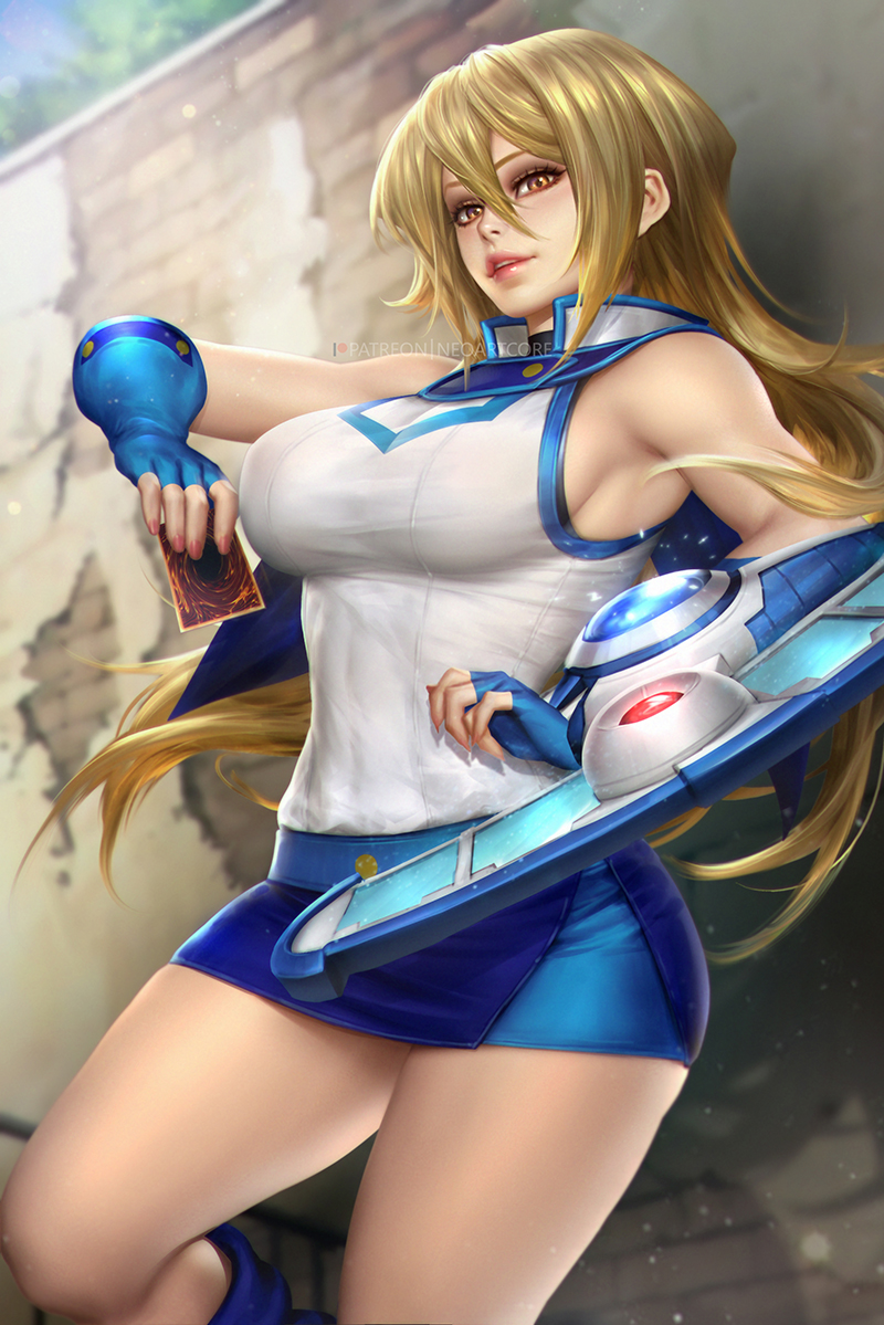 1girl blonde_hair breasts brown_eyes card duel_academy_uniform_(yu-gi-oh!_gx) duel_disk fingerless_gloves gloves large_breasts long_hair miniskirt neoartcore playing_card shirt skirt sleeveless sleeveless_shirt tagme taut_clothes taut_shirt tenjouin_asuka yu-gi-oh! yu-gi-oh!_gx