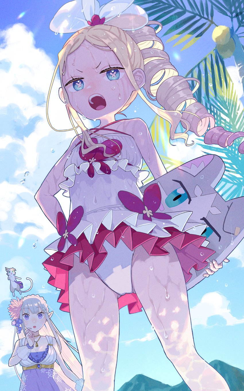 2girls alternate_costume alternate_hairstyle bangs bare_arms bead_bracelet beads beatrice_(re:zero) blonde_hair blue_eyes bracelet cat character_print clouds commentary_request covered_navel day drill_ponytail emilia_(re:zero) eyelashes from_below hair_ribbon hand_up highres jewelry long_hair multiple_girls necklace open_mouth outdoors parupin puck_(re:zero) re:zero_kara_hajimeru_isekai_seikatsu ribbon sidelocks sky swimsuit symbol-shaped_pupils tongue upper_teeth v-shaped_eyebrows wet white_ribbon white_swimsuit