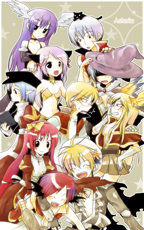 4boys 6+girls animal_on_head ark_kan armor assassin_cross_(ragnarok_online) bangs bikini black_cat black_coat black_eyes black_headwear black_shirt blonde_hair blue_hair blush bow breasts brown_cape brown_dress brown_eyes cape cat cat_on_head champion_(ragnarok_online) choker closed_eyes closed_mouth clothing_cutout coat commentary_request creator_(ragnarok_online) cross cross_necklace crossed_arms detached_sleeves dress eyebrows_visible_through_hair fur-trimmed_cape fur-trimmed_sleeves fur_trim glasses gloves grin gypsy_(ragnarok_online) hair_between_eyes hat head_wings high_priest_(ragnarok_online) high_wizard_(ragnarok_online) hooded_coat jewelry juliet_sleeves layered_clothing living_clothes long_hair long_sleeves looking_at_another medium_breasts medium_hair multicolored multicolored_wings multiple_boys multiple_girls navel necklace on_head open_clothes open_coat open_mouth open_shirt orange_wings pauldrons pink_hair pointy_ears puffy_sleeves purple_hair purple_sleeves ragnarok_online red-framed_eyewear red_cape red_coat red_dress red_scarf sash scarf shirt short_dress short_hair shoulder_armor sleeveless_coat small_breasts smile stalker_(ragnarok_online) stomach_cutout strapless strapless_bikini swimsuit teeth torn_scarf two-tone_coat two-tone_dress upper_body white_coat white_dress white_gloves white_hair white_sash wings yellow_bikini yellow_bow