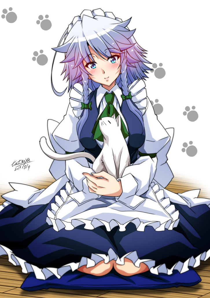 1girl ahoge animal apron arm_garter bangs blue_dress blue_eyes blush braid breasts cat commentary_request cushion dated dress eyebrows_visible_through_hair frilled_dress frills green_neckwear green_ribbon holding holding_animal holding_cat izayoi_sakuya large_breasts maid maid_apron maid_headdress paw_print puffy_sleeves ribbon seiza silver_hair sitting smile solo tatsuya_(guild_plus) touhou twin_braids twitter twitter_username white_cat wing_collar wooden_floor wrist_cuffs