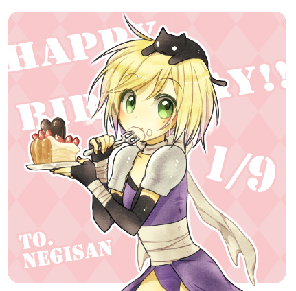 1girl animal_on_head armor assassin_(ragnarok_online) bandages bangs black_cat black_gloves blonde_hair blush border cake cake_slice cape cat cat_on_head commentary_request cowboy_shot dated eating elbow_gloves eyebrows_visible_through_hair fingerless_gloves food fork gloves green_eyes happy_birthday holding holding_fork holding_plate leotard looking_at_viewer lowres on_head outside_border pauldrons pink_background plate purple_cape purple_leotard ragnarok_online short_hair shoulder_armor solo waist_cape white_border