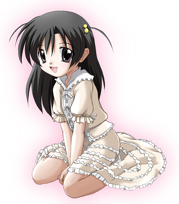 1girl arms_between_legs bad_id black_eyes black_hair dress feet flat_chest frills gradient gradient_background hair_bobbles hair_ornament katsura_kokoro long_hair looking_at_viewer o-no_tatsuki open_mouth pink_background school_days sitting smile solo summer_days wariza white_background