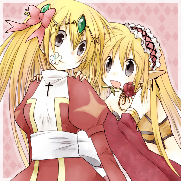 2girls ark_kan bangs bikini black_eyes blonde_hair bow breasts circlet closed_mouth commentary_request cross cross_necklace detached_sleeves dress eyebrows_visible_through_hair eyes_visible_through_hair flower flower_in_mouth frilled_hairband frills gypsy_(ragnarok_online) hair_between_eyes hair_bow hairband hands_on_another's_shoulders high_priest_(ragnarok_online) jewelry juliet_sleeves long_hair long_sleeves looking_at_another medium_breasts multiple_girls necklace open_mouth pink_background pink_bow pink_hairband pointy_ears puffy_sleeves ragnarok_online red_dress red_flower red_sleeves sash smile strapless strapless_bikini swimsuit two-tone_dress upper_body white_bow white_dress white_sash yellow_bikini