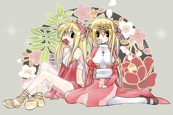 2girls ark_kan bangs black_eyes black_footwear blonde_hair blush breasts circlet closed_mouth commentary_request cross detached_sleeves dress eyebrows_visible_through_hair flower flower_in_mouth frilled_hairband frills full_body grey_background gypsy_(ragnarok_online) hair_between_eyes hairband halter_top halterneck high_priest_(ragnarok_online) juliet_sleeves long_hair long_sleeves looking_at_viewer mary_janes medium_breasts multiple_girls pants pink_hairband pointy_ears puffy_sleeves ragnarok_online red_dress red_flower red_sleeves sandals sash see-through shoes sitting smile two-tone_dress white_dress white_flower white_legwear white_pants white_sash yellow_footwear yokozuwari
