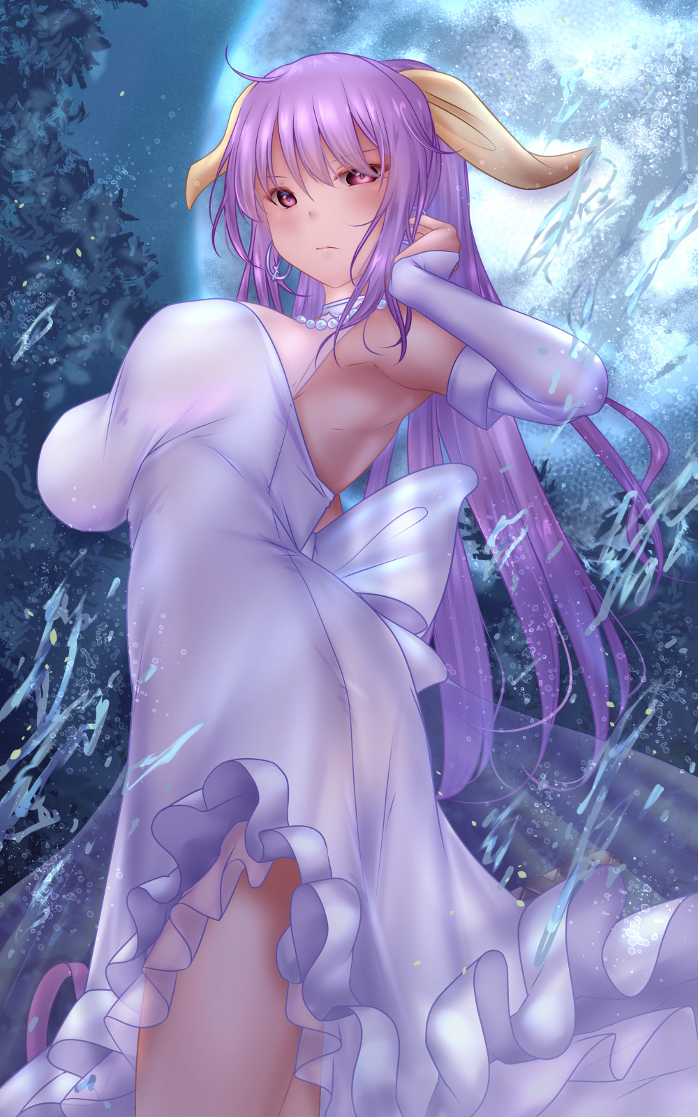 1girl alternate_costume armpits bangs breasts closed_mouth dress earrings elbow_gloves fingerless_gloves full_moon gloves hair_ribbon hand_in_hair highres jewelry large_breasts long_hair looking_at_viewer moon necklace night outdoors purple_hair red_eyes ribbon shounen_(hogehoge) solo standing touhou touhou_lost_word tree veil watatsuki_no_yorihime wedding_dress white_dress white_gloves yellow_ribbon