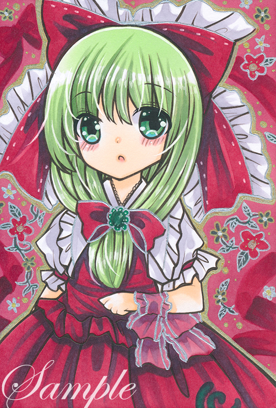 1girl :o alternate_costume blush bow breasts cowboy_shot eyebrows_visible_through_hair floral_background flower frilled_bow frills front_ponytail green_eyes green_hair hair_bow kagiyama_hina looking_at_viewer marker_(medium) medium_breasts open_mouth pink_background pink_ribbon print_skirt puffy_short_sleeves puffy_sleeves red_bow red_flower red_skirt red_vest ribbon rui_(sugar3) sample shirt short_sleeves skirt skirt_set solo touhou traditional_media vest white_shirt wrist_ribbon