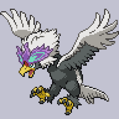 bird commentary_request full_body green_eyes grey_background hisuian_braviary hisuian_form lowres no_humans onigashira_ginkaku open_mouth pixel_art pokemon pokemon_(creature) simple_background solo sprite talons