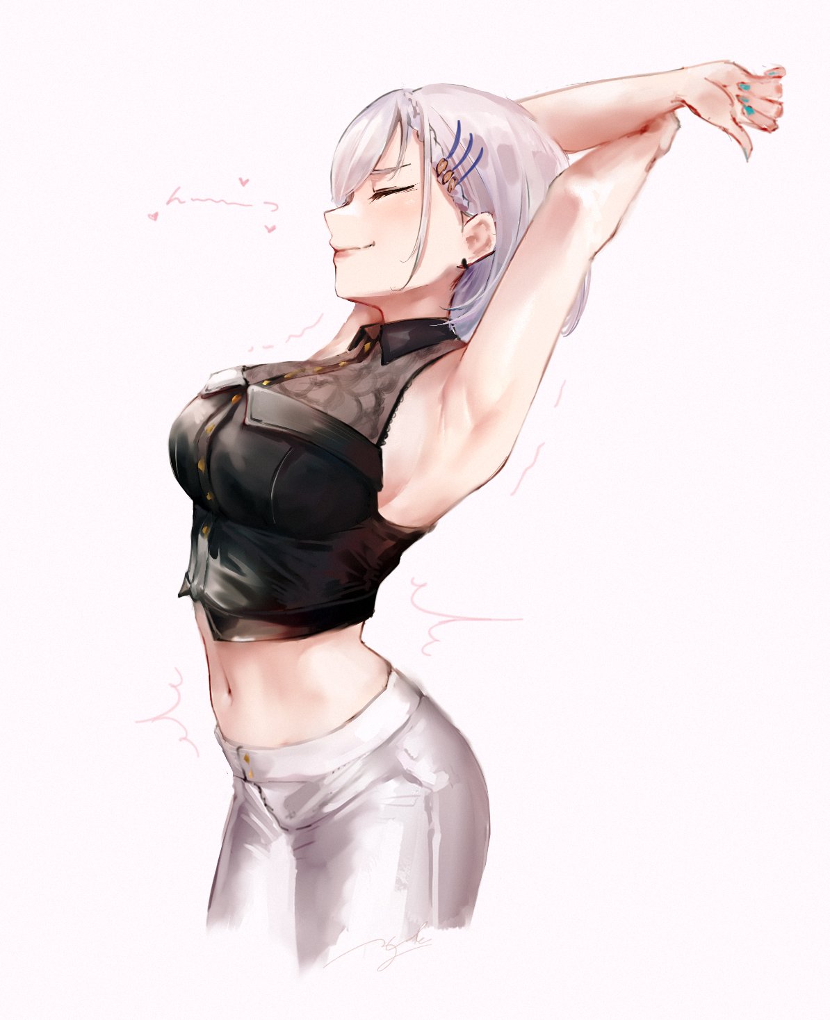1girl black_shirt blue_nails breasts closed_eyes collared_shirt cropped_legs cropped_shirt from_side heart highres hololive hololive_indonesia hyde_(tabakko) large_breasts leaning_back midriff navel pants pavolia_reine shirt short_hair silver_hair solo stretch virtual_youtuber white_pants