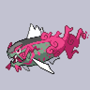 basculegion commentary_request fangs fish full_body grey_background lowres no_humans onigashira_ginkaku open_mouth pink_eyes pixel_art pokemon pokemon_(creature) simple_background sprite tongue