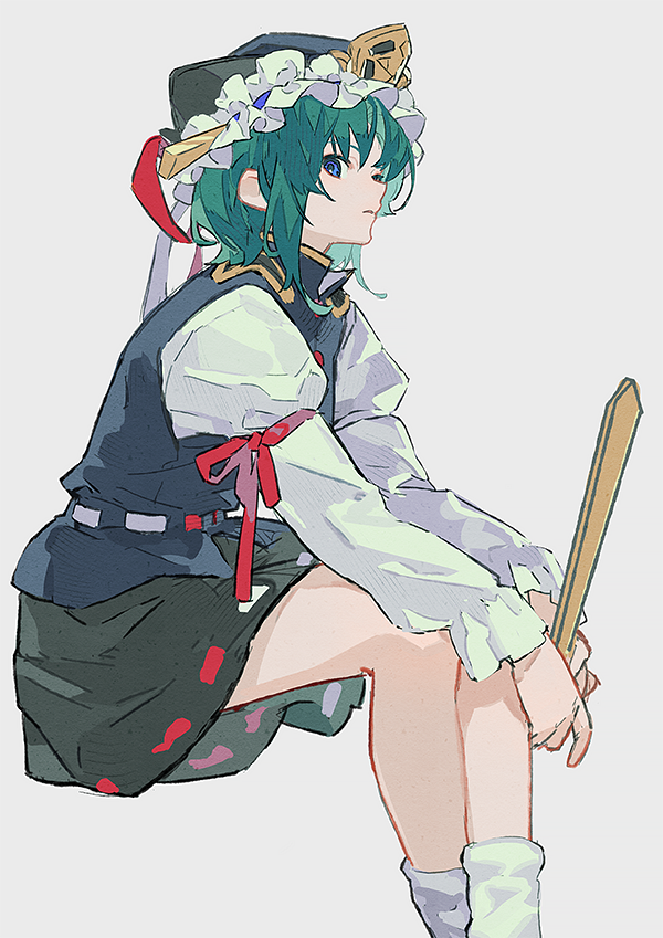1girl bangs black_headwear black_skirt blue_eyes blue_vest bow buttons closed_mouth eyebrows_visible_through_hair frills green_hair grey_background hair_between_eyes hat hat_ribbon long_sleeves looking_at_viewer puffy_sleeves qiqu red_bow red_ribbon ribbon shiki_eiki shirt short_hair simple_background sitting skirt socks solo touhou vest white_legwear white_ribbon white_shirt