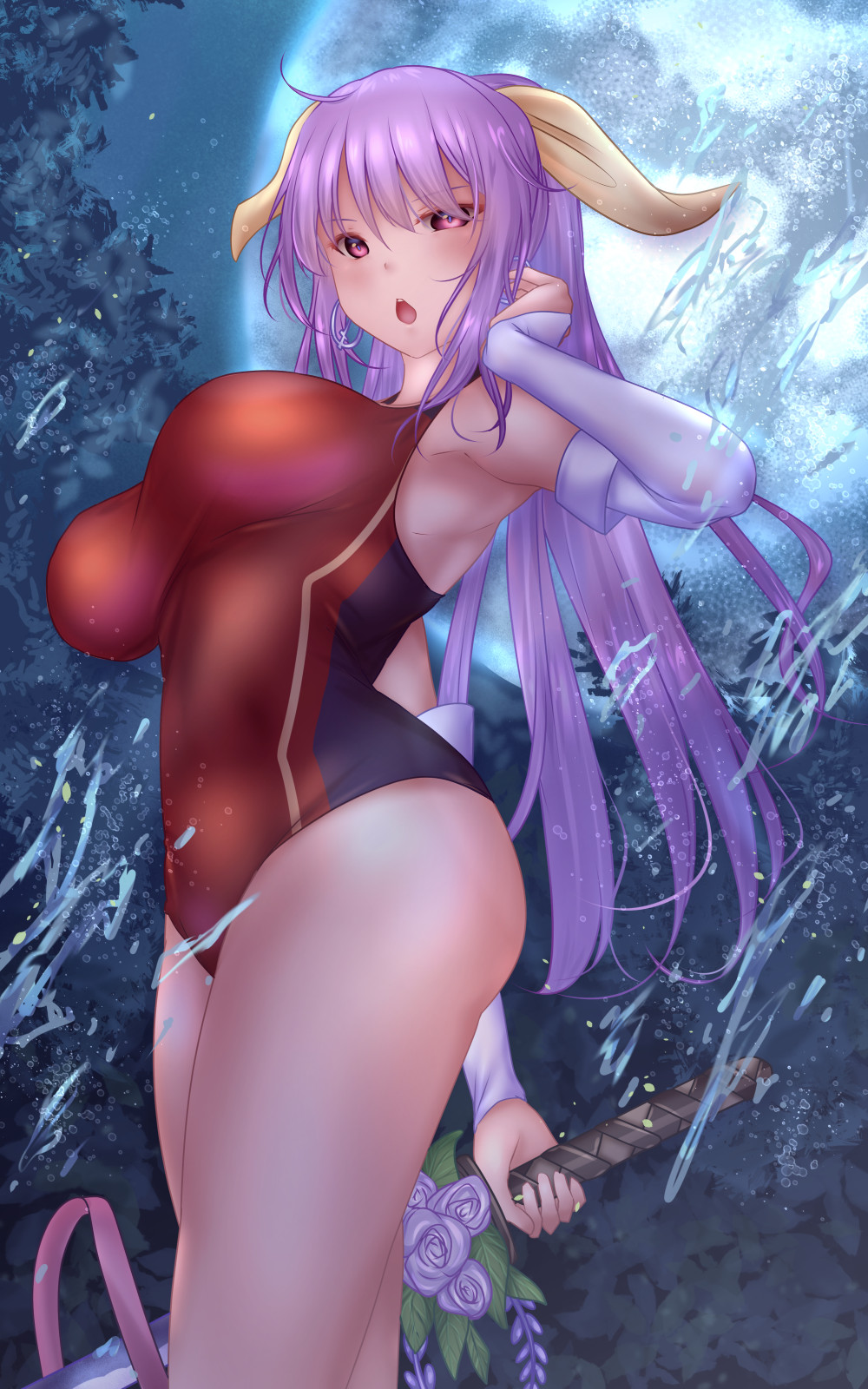 1girl alternate_costume armpits bangs breasts earrings flower full_moon hair_ribbon hand_in_hair highres holding holding_sword holding_weapon jewelry large_breasts long_hair looking_at_viewer moon night one-piece_swimsuit open_mouth outdoors purple_flower purple_hair purple_rose red_eyes red_swimsuit ribbon rose shounen_(hogehoge) solo standing swimsuit sword touhou tree watatsuki_no_yorihime weapon yellow_ribbon