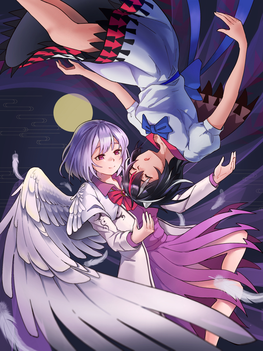 2girls arrow_print bangs bare_legs beige_jacket black_hair blood blood_from_mouth blue_neckwear blue_ribbon bow closed_eyes closed_mouth commentary_request dress feathered_wings feathers floating highres horns jacket joeychen kijin_seija kishin_sagume moon motherly multicolored_hair multiple_girls pink_eyes puffy_short_sleeves puffy_sleeves purple_dress red_bow redhead ribbon short_sleeves silver_hair single_wing smile streaked_hair touhou upside-down wings