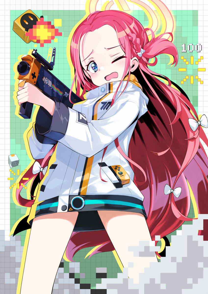 1girl aiming blue_archive blue_eyes blush forehead game_console grenade_launcher hair_ribbon halo highres jacket long_hair omochishiki one_eye_closed open_mouth ribbon robot school_uniform simple_background solo weapon yuzu_(blue_archive)