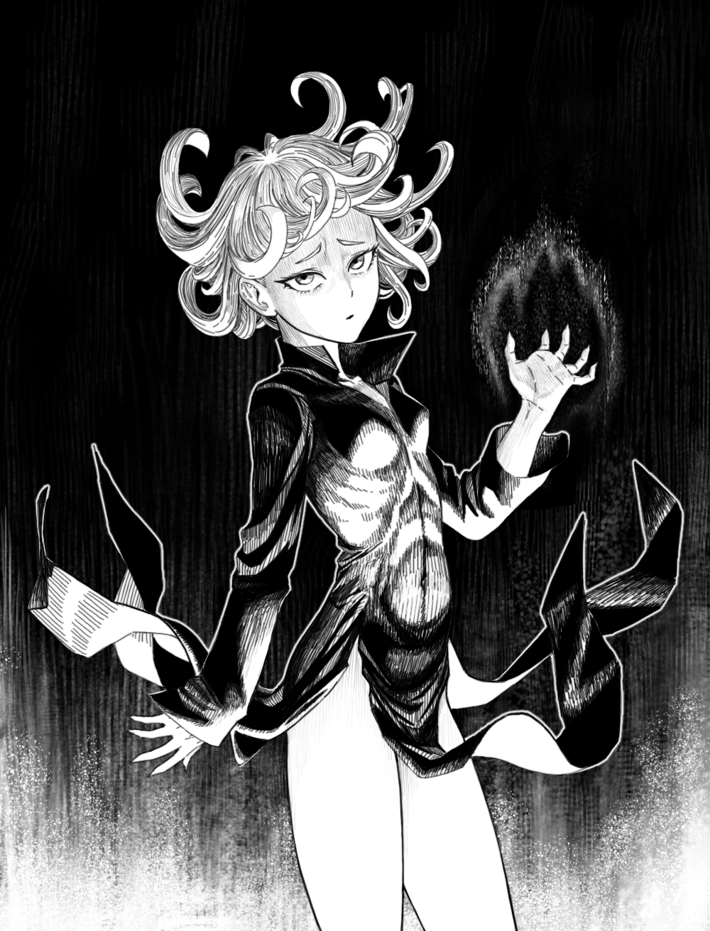 1girl breasts clothes_lift curly_hair dress dress_lift floating_hair greyscale hand_up highres long_sleeves looking_at_viewer monochrome navel one-punch_man parted_lips short_hair small_breasts solo standing tatsumaki y_naf